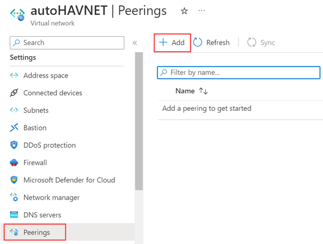 Screenshot of the Azure portal that shows selections for adding a virtual network peering.