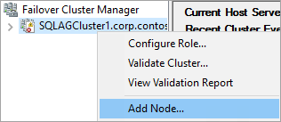 Screenshot di Gestione cluster di failover che mostra le selezioni per l'aggiunta di un nodo a un cluster.