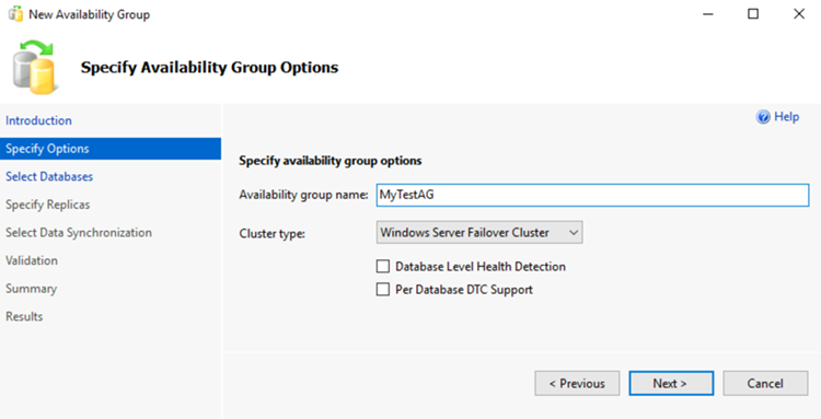 Screenshot che mostra la specifica di un nome del gruppo di disponibilità nella Creazione guidata gruppo di disponibilità in SSMS.