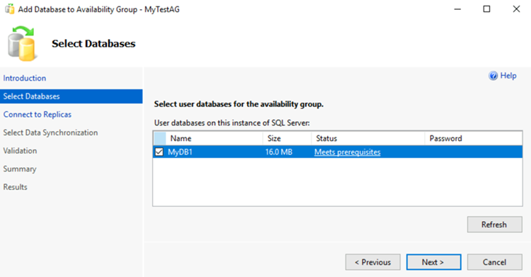 Screenshot che mostra la selezione di database nella Creazione guidata gruppo di disponibilità in SSMS.