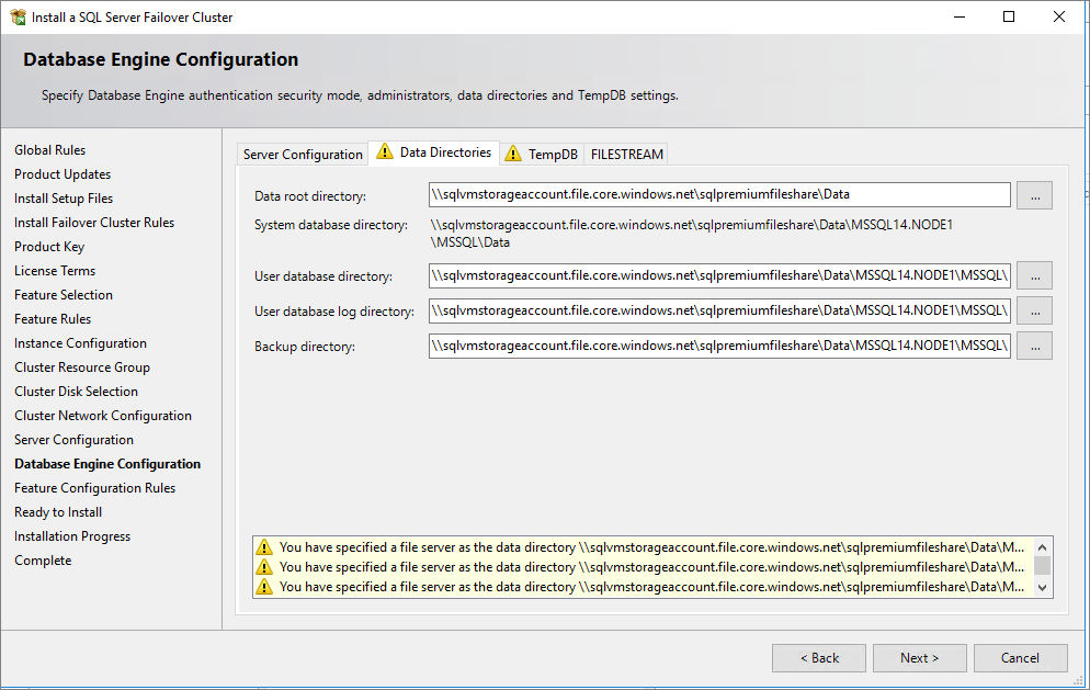 Screenshot che mostra l'uso della condivisione file come directory dati SQL.