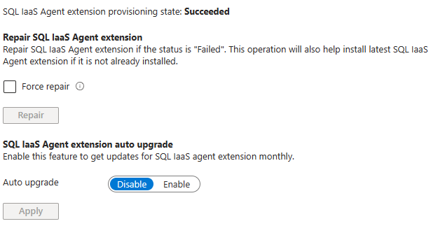 Screenshot of the SQL IaaS Agent Extension Settings page for your SQL virtual machines resource in the Azure portal.