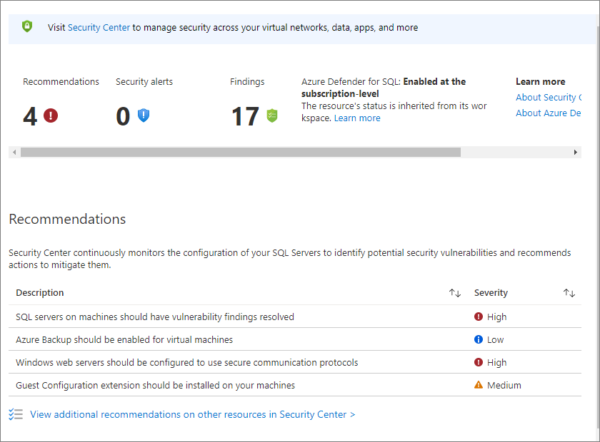 Screenshot of the Azure portal, SQL virtual machines resource, showing where to configure SQL Server Defender for Cloud settings.
