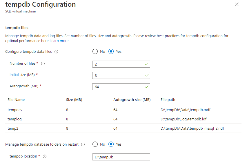 Screenshot of the tempdb configuration page of the Azure portal from the SQL virtual machines resource page.