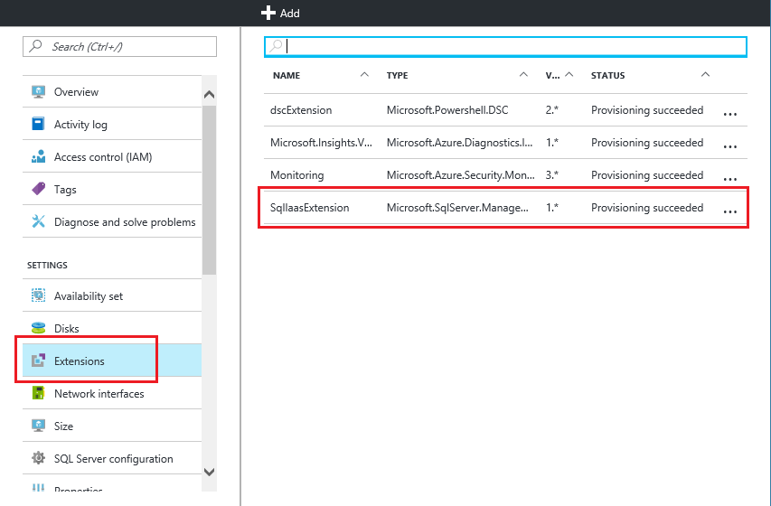 Screenshot dal portale di Azure che mostra lo stato dell'estensione SQL Server IaaS Agent.
