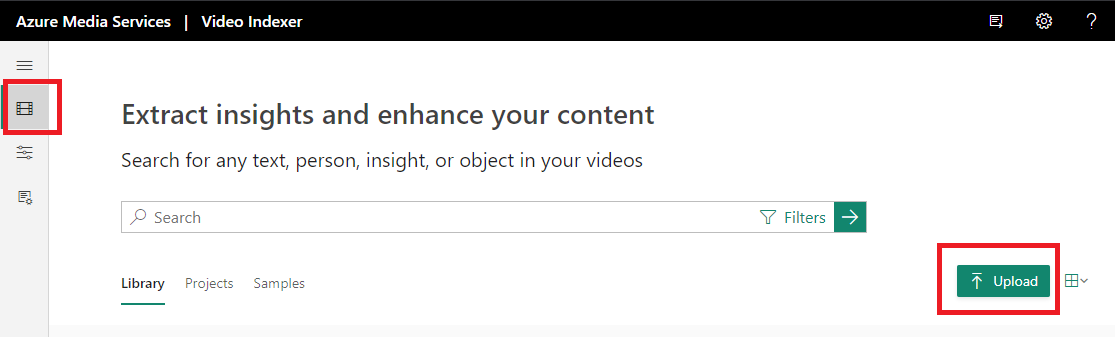 Pulsante Carica Video Indexer di Azure per intelligenza artificiale
