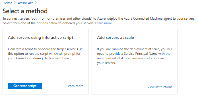 Screenshot della pagina di Azure Arc che mostra l'opzione per l'aggiunta di un server tramite script interattivo.