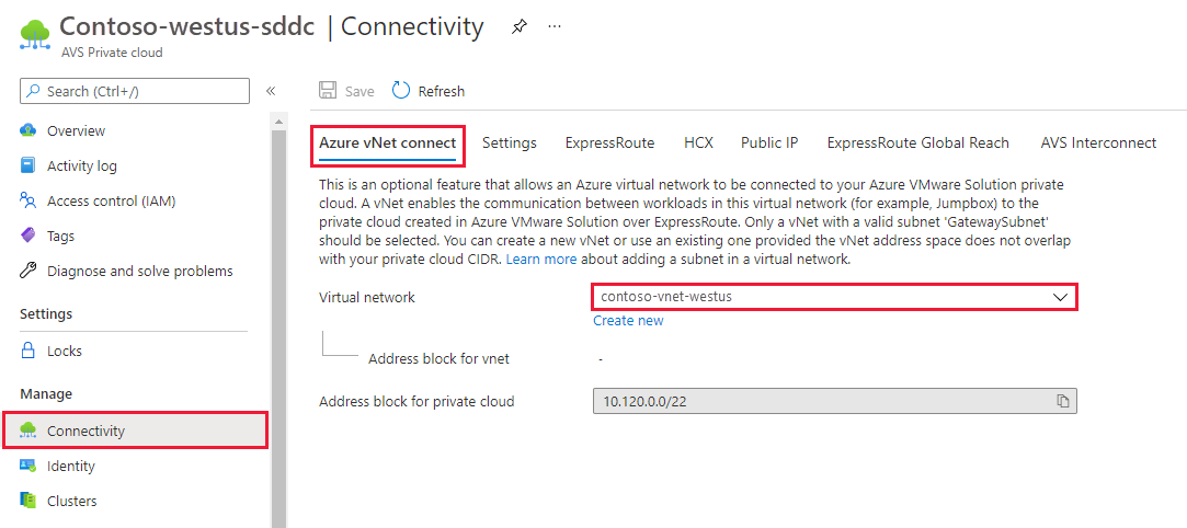 Screenshot showing the Azure vNet connect tab under Connectivity with an existing vNet selected.