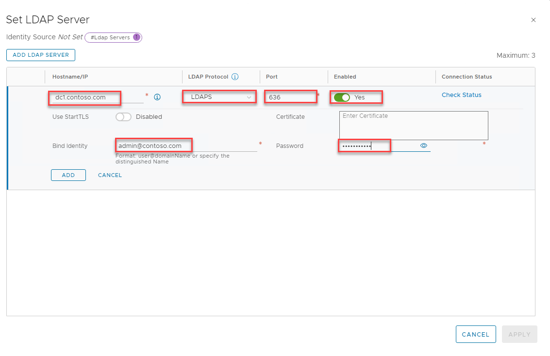 Screenshot che mostra la pagina Imposta server LDAP per aggiungere un server LDAP.