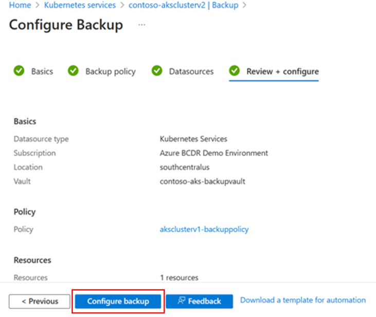 Screenshot che mostra come completare la configurazione del backup.