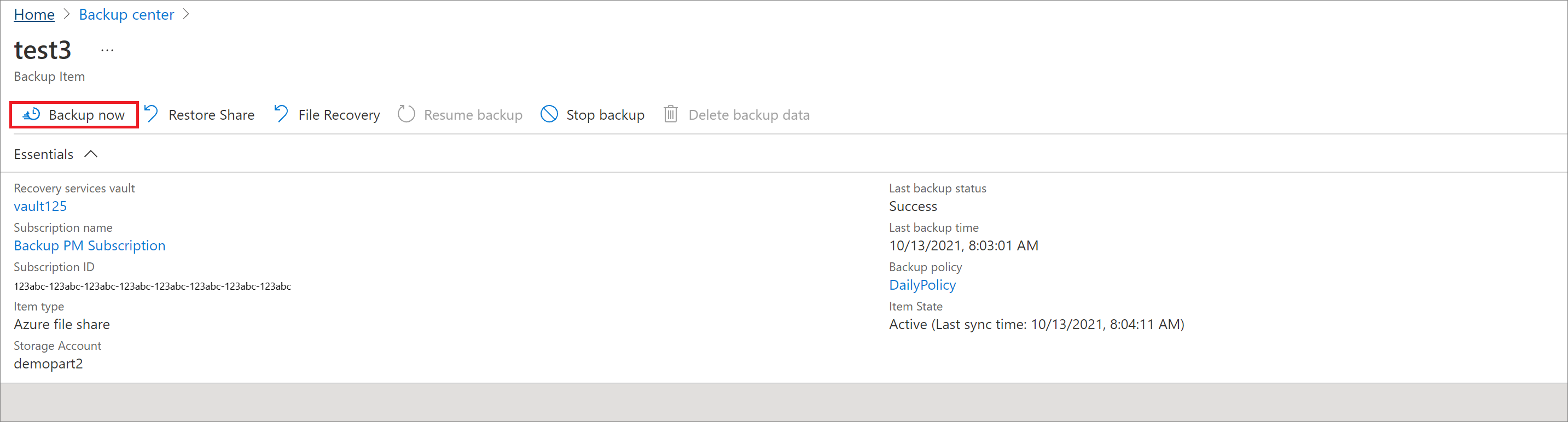Screenshot che mostra come selezionare Backup now (Backup now).