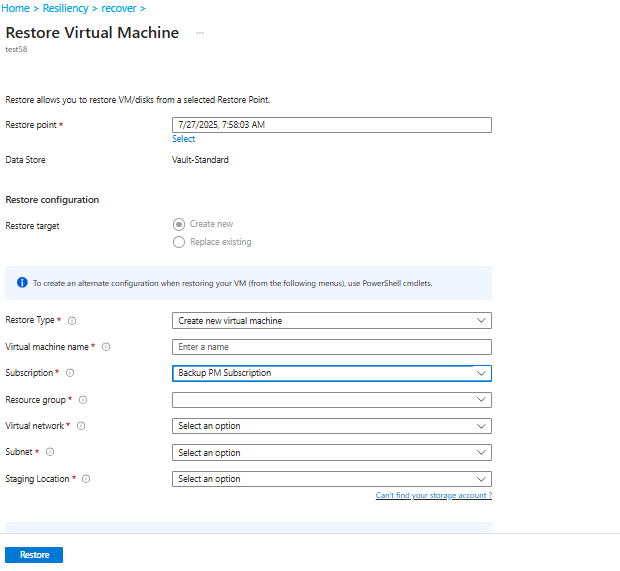Screenshot che mostra che è stato selezionato un punto di ripristino per il ripristino dell'area secondaria.