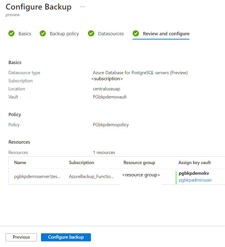 Screenshot che mostra la pagina di revisione della configurazione del backup.