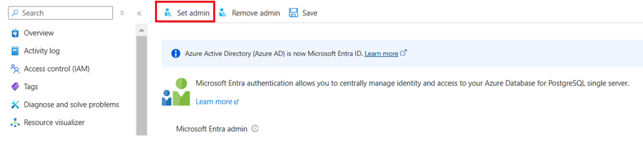 Screenshot showing how to set Active Directory admin.