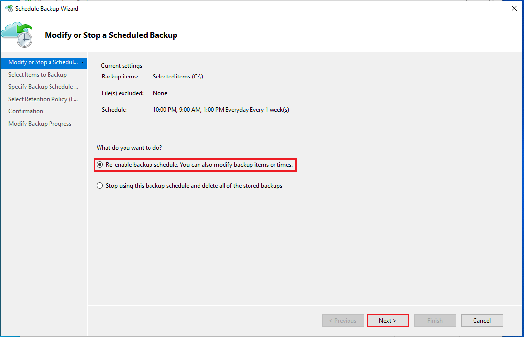 Screenshot shows how to re-enable backup schedule.