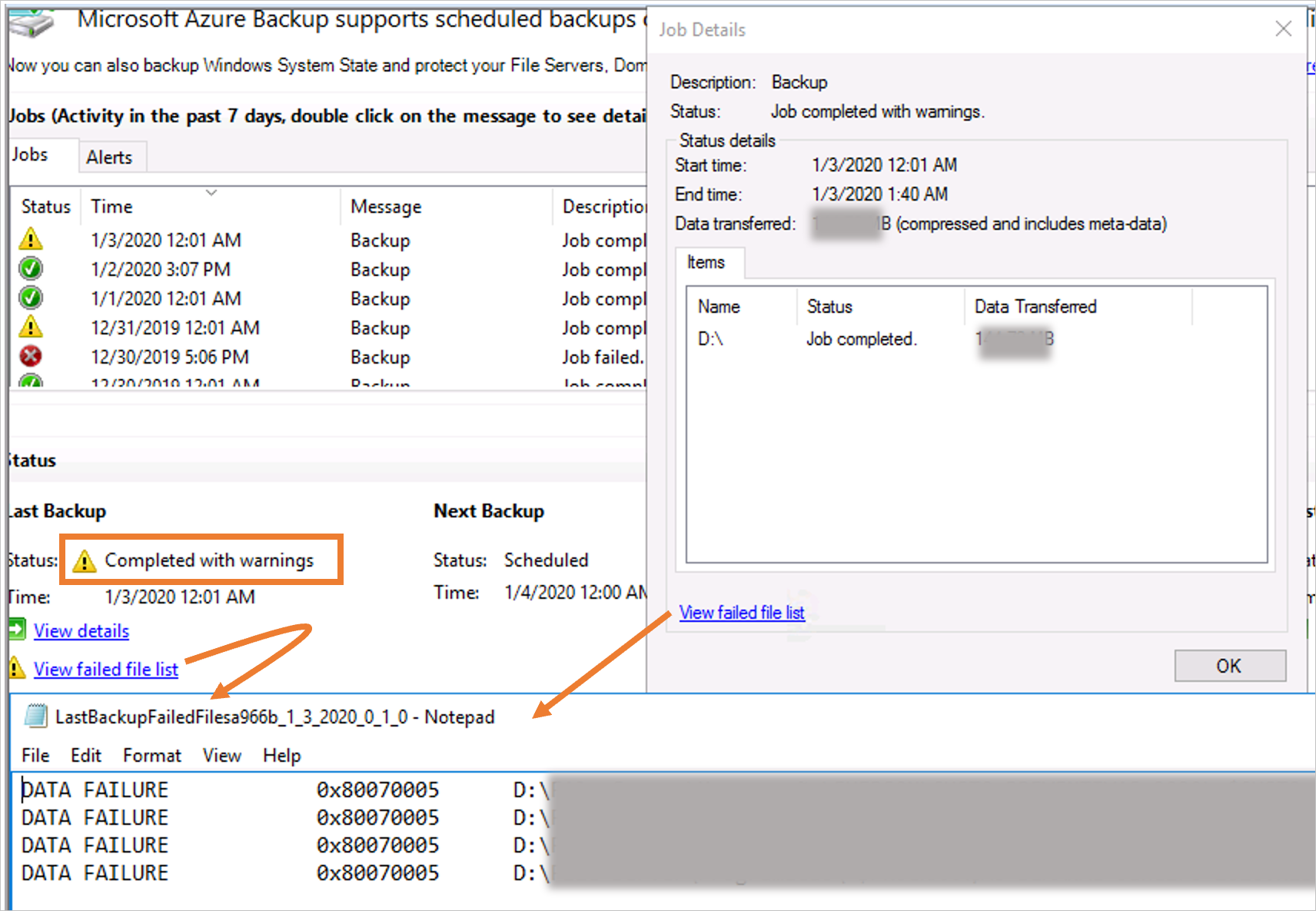 Processo di backup completato con avvisi