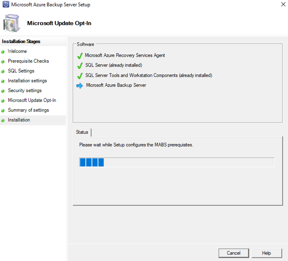 Screenshot che mostra lo stato di avanzamento dell'installazione del server Backup di Azure.