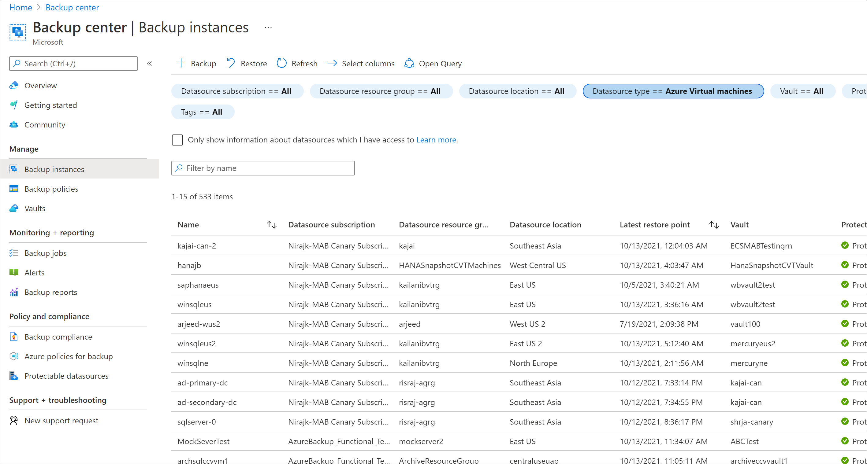 Screenshot che mostra per visualizzare gli elementi di backup dell'insieme di credenziali di Servizi di ripristino.