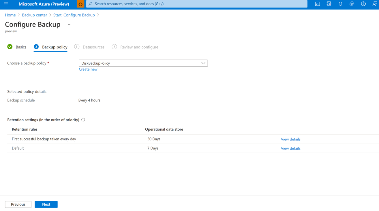 Screenshot che mostra il processo per scegliere un criterio di backup.