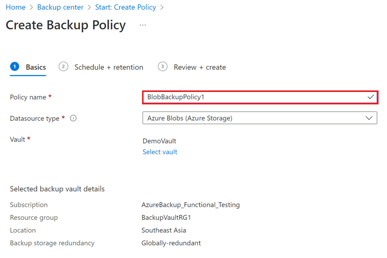 Screenshot che mostra come aggiungere il nome del criterio di backup BLOB con insieme di credenziali.
