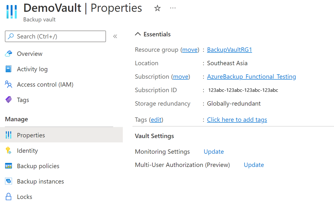 Screenshot showing the Backup vault properties.