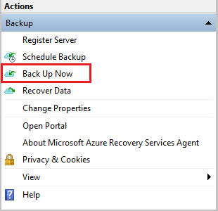 Screenshot che mostra come selezionare Backup ora.