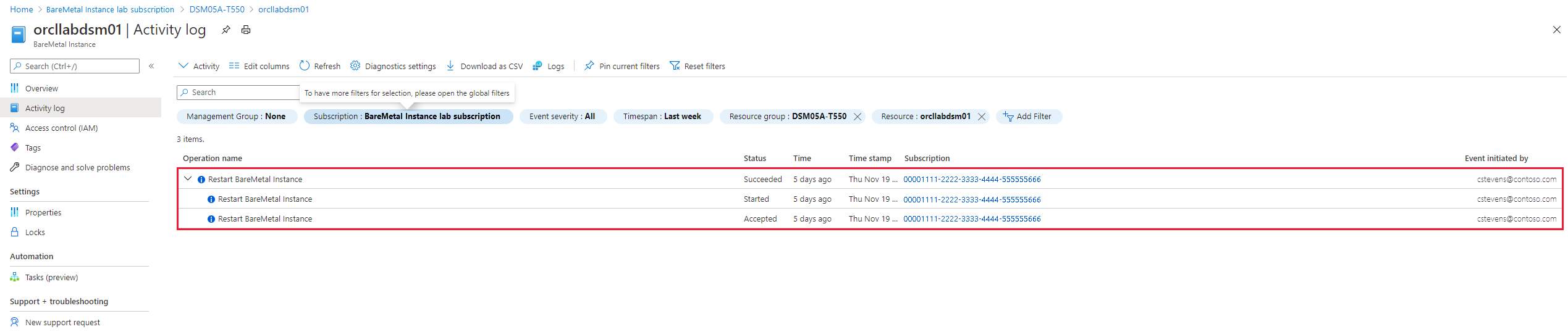 Screenshot delle attività dell'istanza BareMetal.