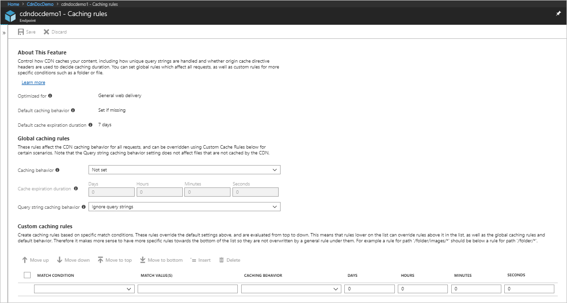 Screenshot della pagina delle regole di memorizzazione nella cache della rete per la distribuzione di contenuti.