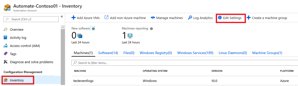Screenshot della visualizzazione Inventario di Automazione di Azure nel portale di Azure.