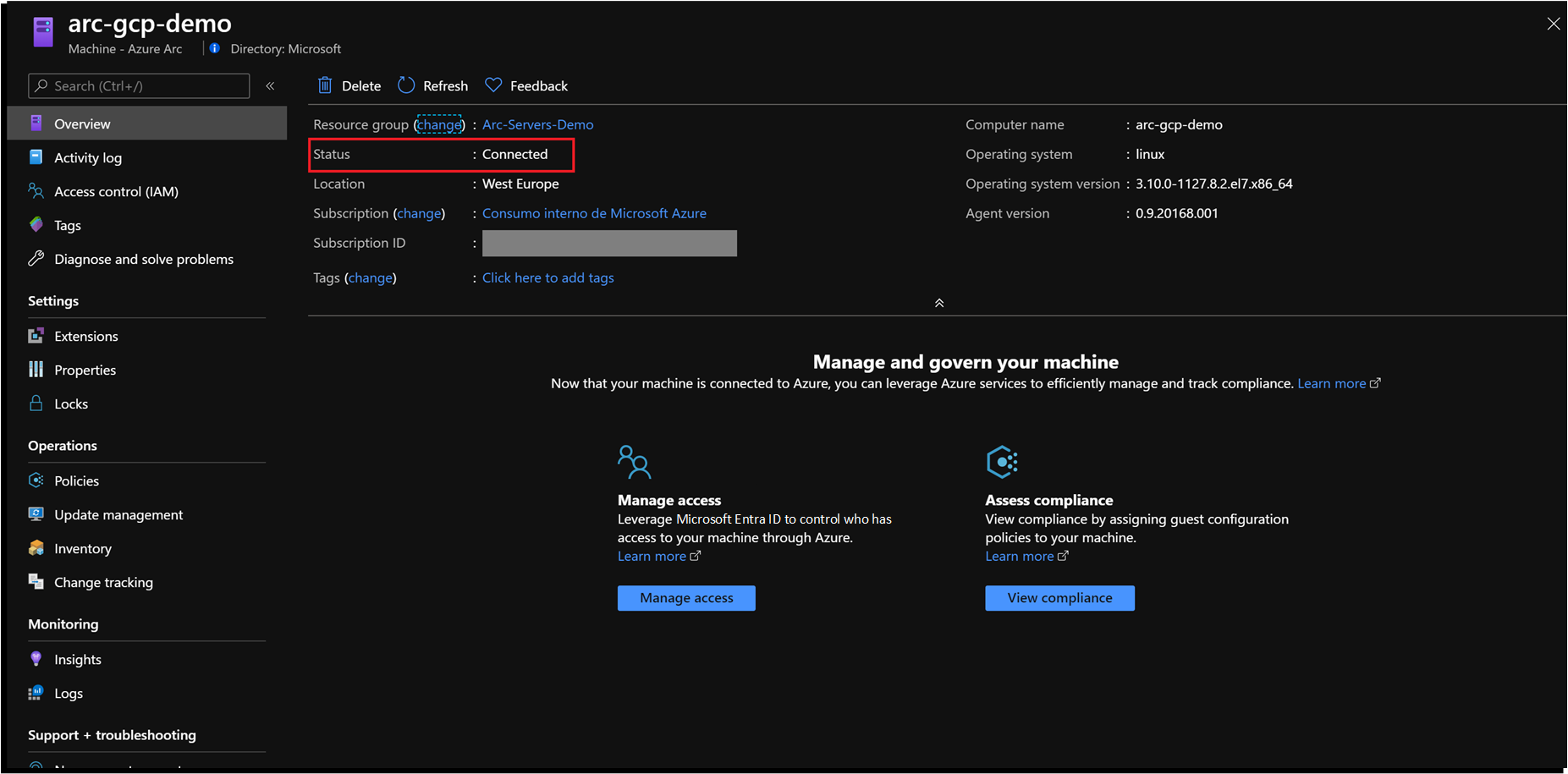 Screenshot di uno stato connesso per un server abilitato per Azure Arc.