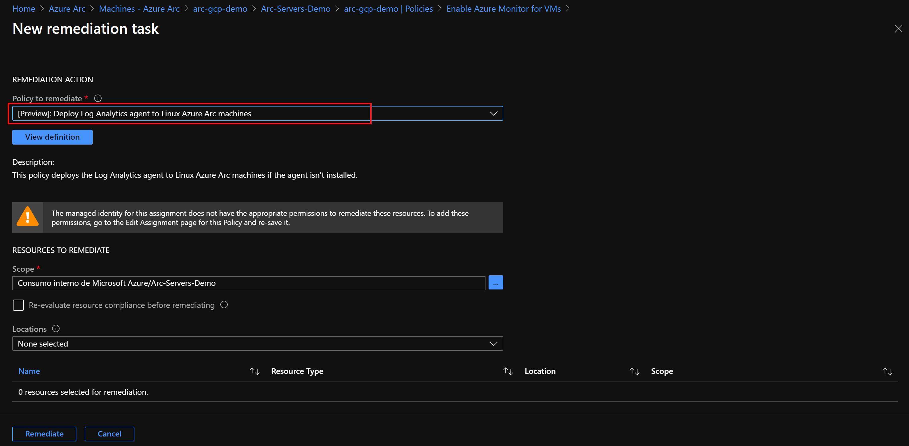 Screenshot di un'azione di correzione Criteri di Azure all'interno di un'attività di correzione.