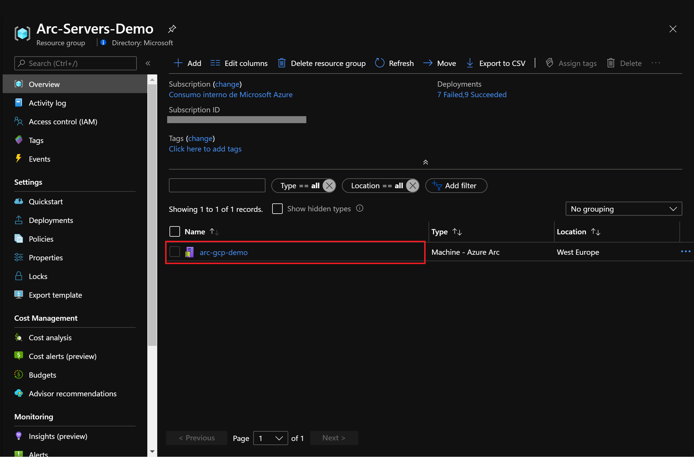 Screenshot di un gruppo di risorse per un server abilitato per Azure Arc.