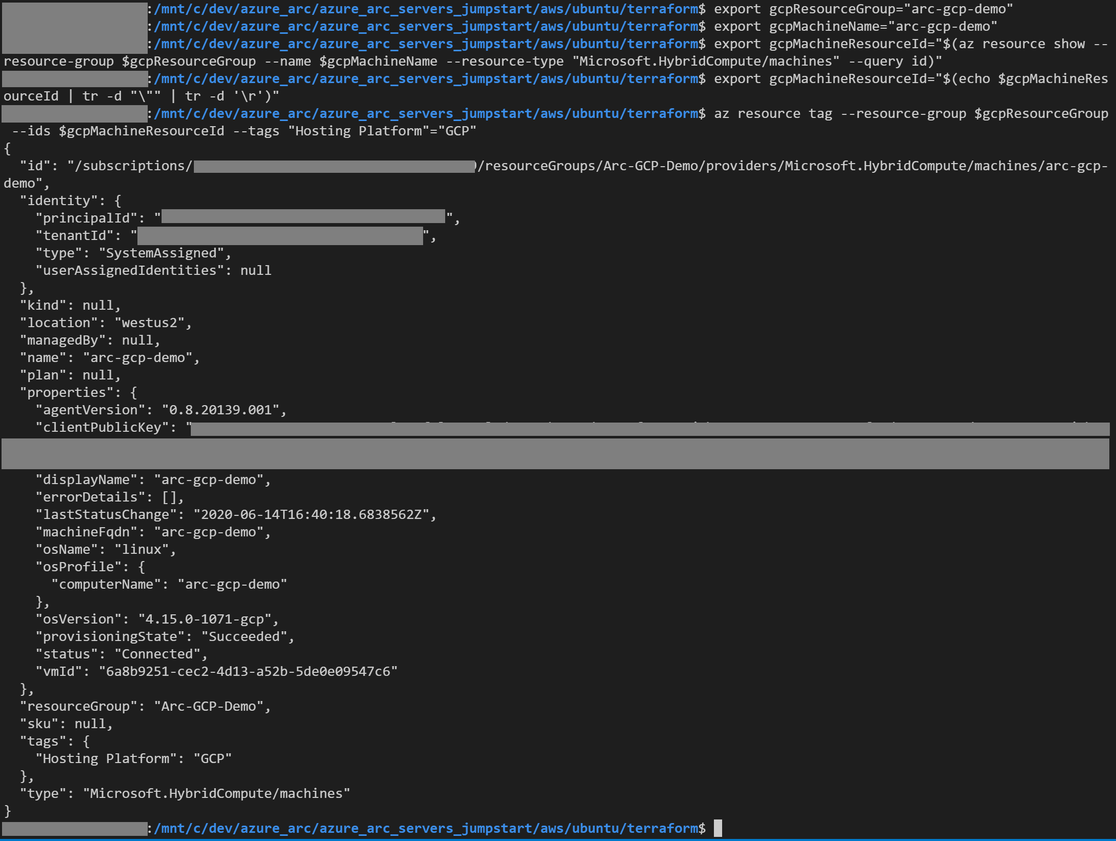 Screenshot di un altro output del comando az resource tag.
