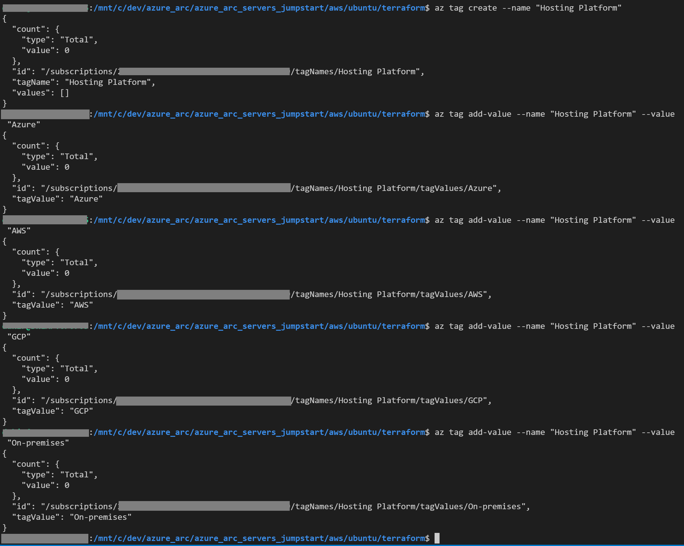 Screenshot di un output del comando az tag create.