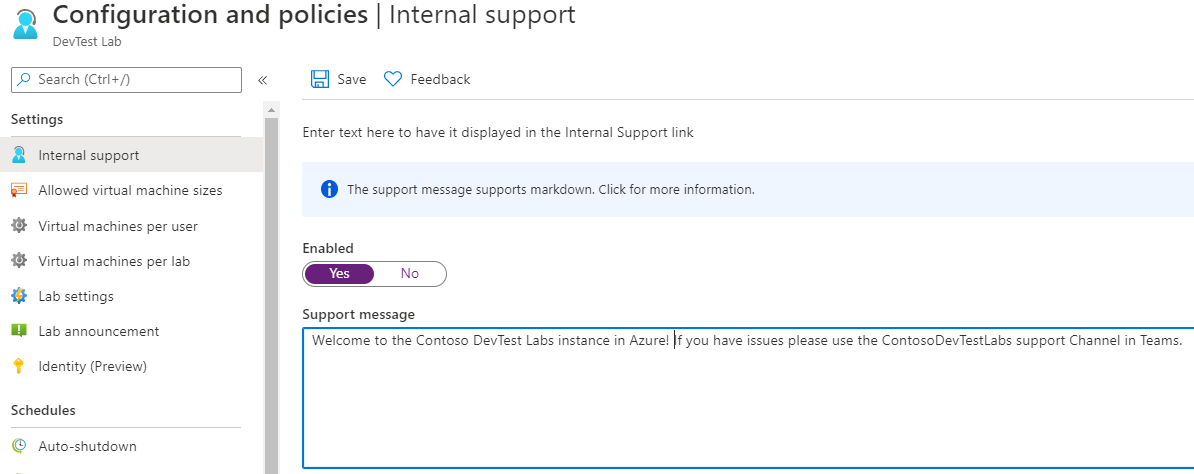 Screenshot delle selezioni per la configurazione di un messaggio di supporto.