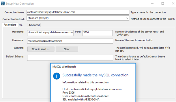 Riquadro Configurazione nuova connessione di MySQL Workbench.