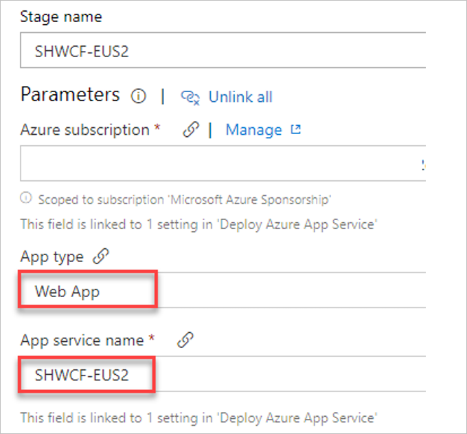 Screenshot che mostra il nome del servizio app.