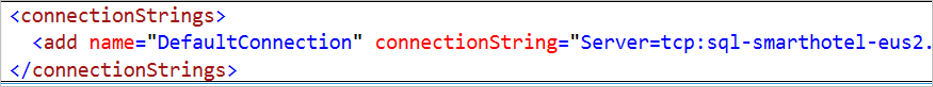 Screenshot che mostra la sezione connectionStrings del file web.config nel progetto SmartHotel.Registration.wcf.