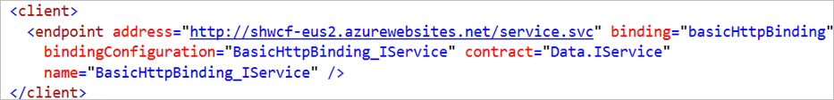 Screenshot che mostra la sezione client del file web.config nel progetto SmartHotel.Registration.wcf.