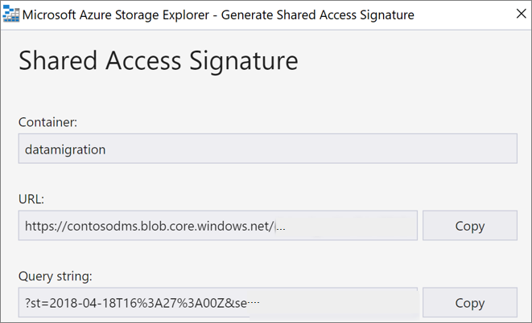Screenshot che mostra la generazione di un URI di firma di accesso condiviso.