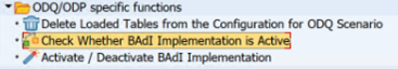 Screenshot che mostra la cartella di funzioni specifiche di ODQ ODP. Verificare se l'implementazione DI BADI è attiva è selezionata.