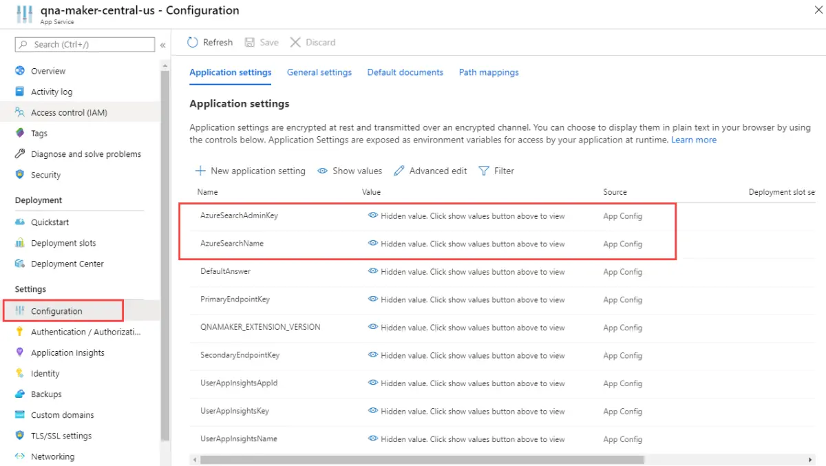 Screenshot di portale di Azure che mostra le impostazioni di configurazione servizio app