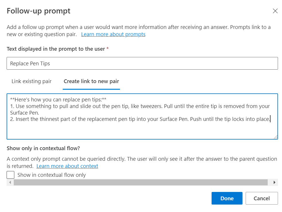 Screenshot di una domanda e di una risposta sulla creazione di una richiesta di completamento per la sostituzione dei suggerimenti della penna