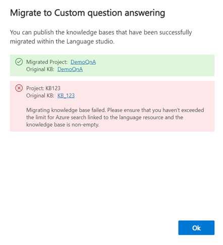 Screenshot di una migrazione non riuscita con un errore di esempio