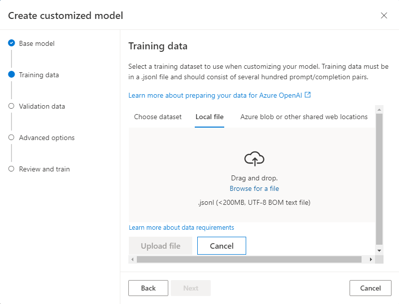 Screenshot del riquadro Dati di training per la creazione guidata modello personalizzato con le opzioni del file locale.
