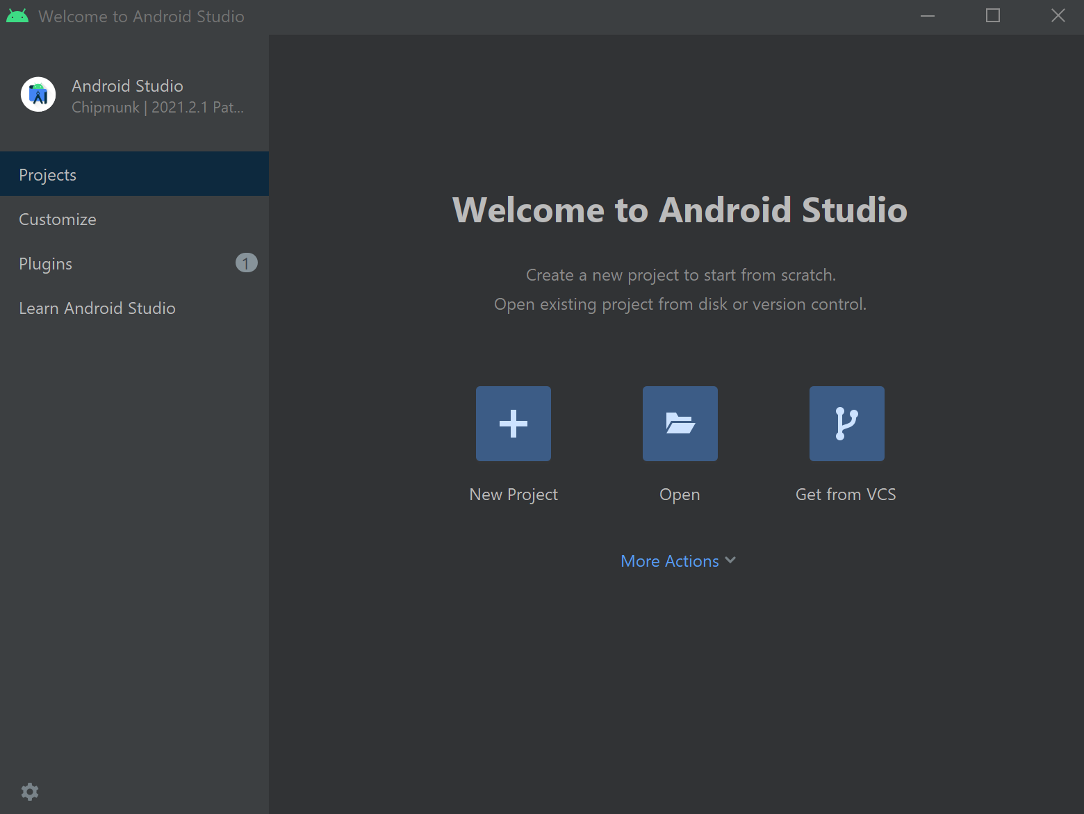 Screenshot che mostra le opzioni per aprire o creare nuovi progetti.