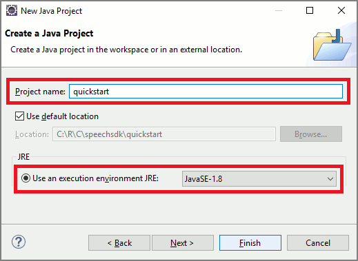 Screenshot della procedura guidata Nuovo progetto Java con le selezioni per la creazione di un progetto Java.