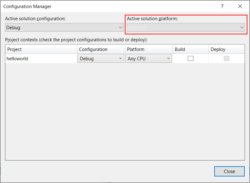 Screenshot che mostra la finestra di dialogo Configuration Manager.