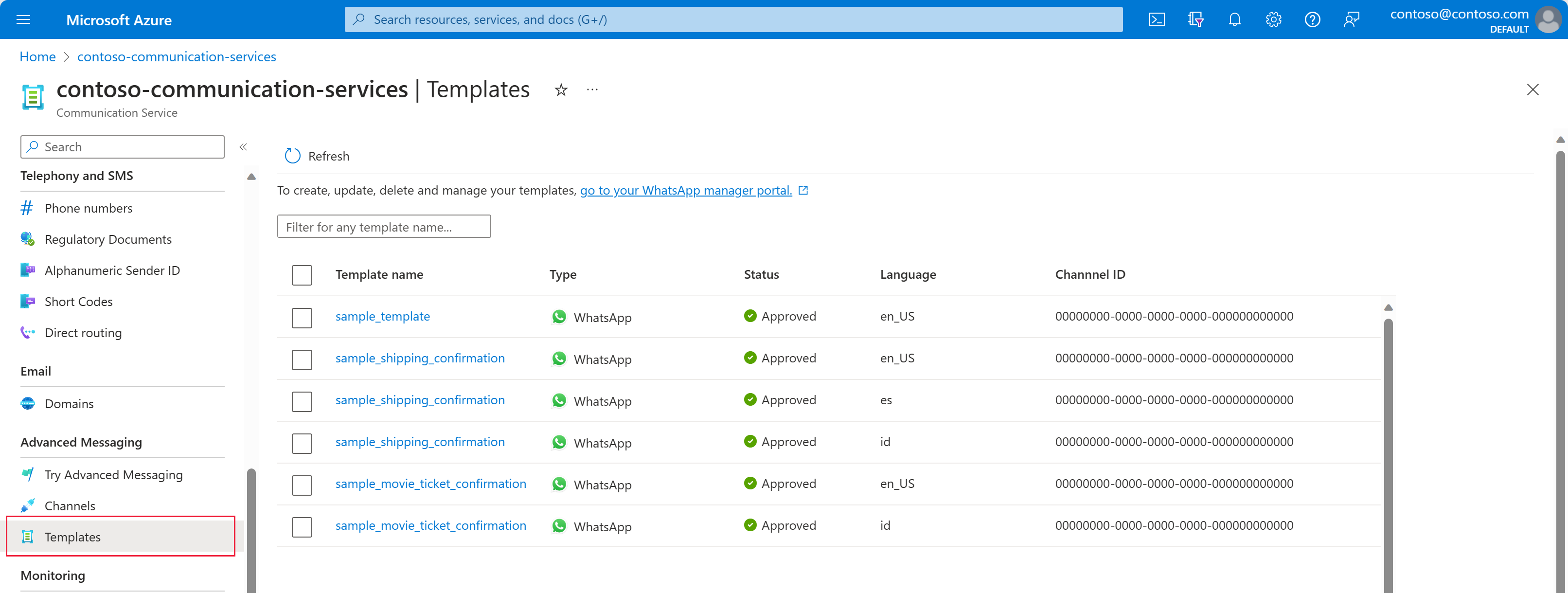 Screenshot that shows an Azure Communication Services resource in the Azure portal, viewing the 'Templates' tab.