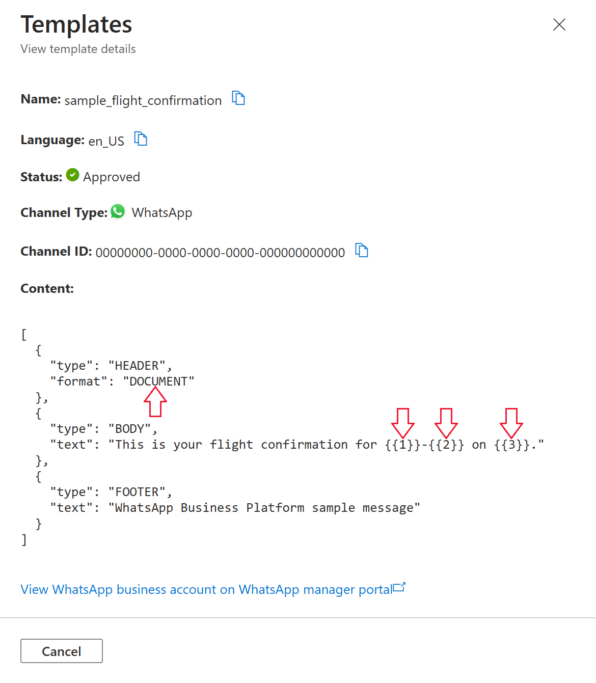 Screenshot that shows template details for template named sample_flight_confirmation.